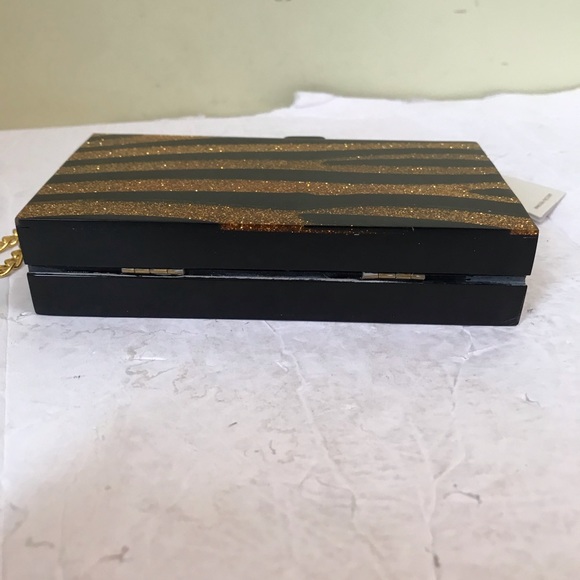 Lulu NYC NEW Zebra Acrylic Box Clutch Glitter Crossbody Shoulder Bag Gold Black - Picture 11 of 16